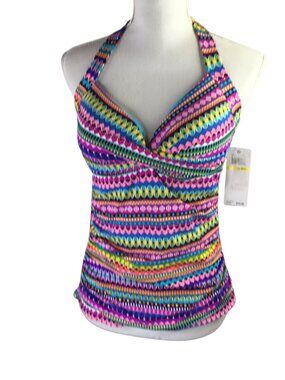 Ann Cole NWT Tankini Halter Size 38 B/C Ruched Front Removable Cup Bright Colors